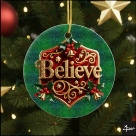 ラグジュアリー レッド ベルベット ゴールド クリスマス ( ビリーブ ) セラミックオーナメント