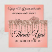 ラグジュアリー ローズゴールド グリッター ドリップ クーポン サンキューカード (正面/裏面)