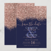 ラグジュアリー ローズゴールド ネイビー グリッター コンフェッティ ウェディング セーブザデート (正面/裏面)