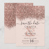 ラグジュアリー ローズゴールド ピンク グリッター コンフェッティ ウェディング セーブザデート (正面/裏面)