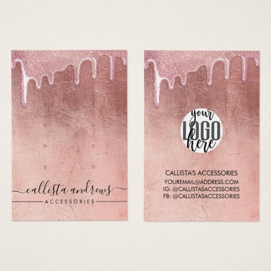 ラグジュアリー ローズゴールド 極厚 グリッター ドリップス ロゴ イヤリング (正面&裏面)