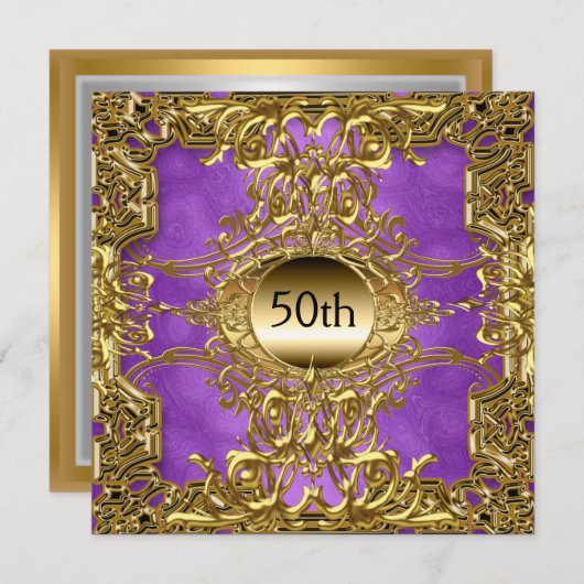 ラグジュアリー 50周年 ゴールド パープル 誕生日パーティー ゴールド 招待状 (正面/裏面)