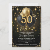 ラグジュアリー 50歳誕生日 ブラック ゴールド バルーン グリッター 招待状 (正面)