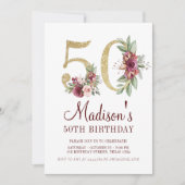 ラグジュアリー 50歳誕生日 ワインレッド ゴールド 花 招待状 (正面)