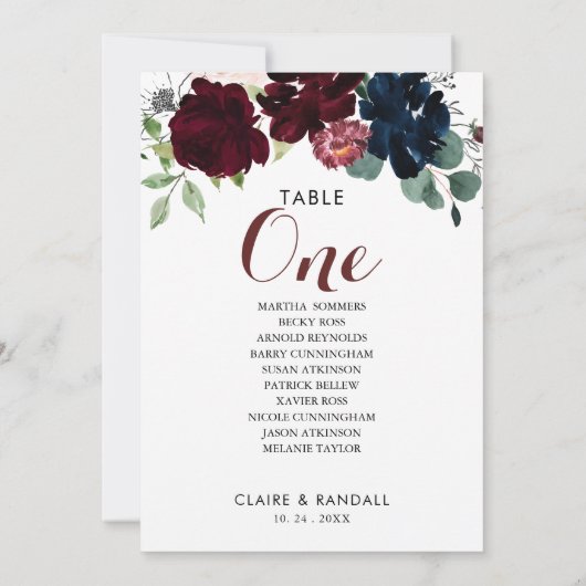 ラグジュアリーBohoフローラテーブルNumber 1シーティングチャート 招待状 (裏面)