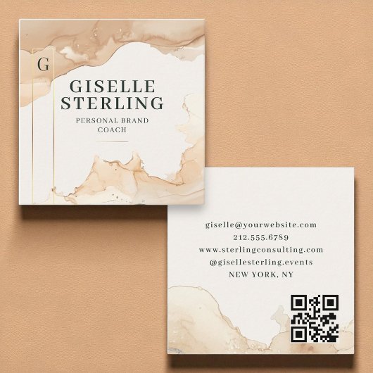 ラグジュアリーQRコードベージュウォーターカラーゴールドフォイル スクエア名刺