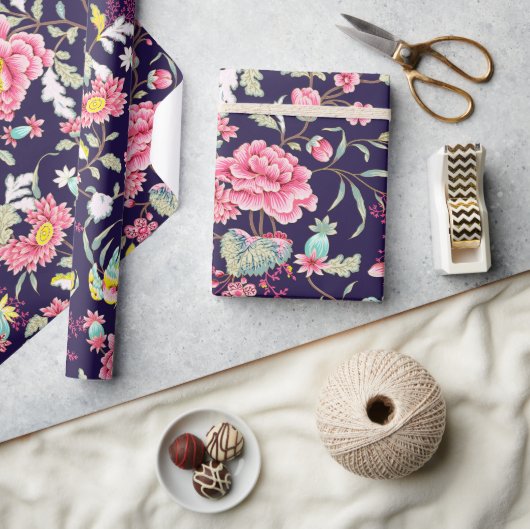 ラグジュアリ日本のーピンクピーニーアンドバードロマンティック ラッピングペーパー (クラフト)