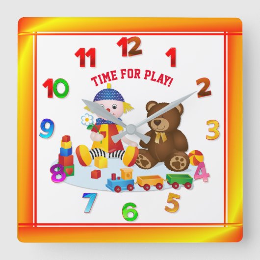 ラグドカラフルールとテディ子供部屋 スクエア壁時計 (正面)