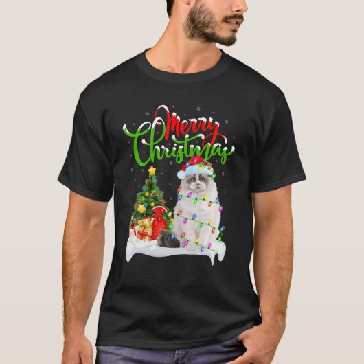 ラグドールおもしろい猫好きクリスマス照明ラグドール猫 Tシャツ (正面)