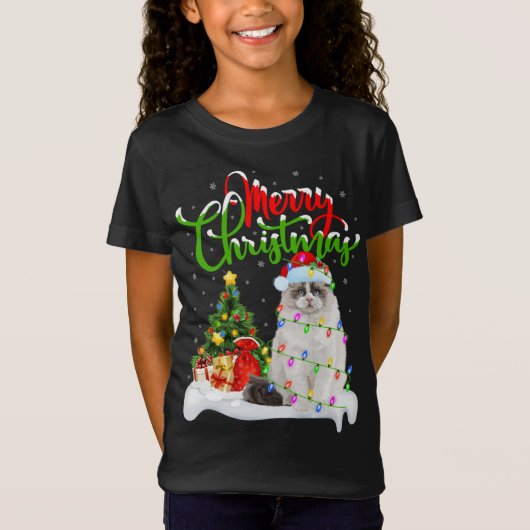 ラグドールおもしろい猫好きクリスマス照明ラグドール猫 Tシャツ (正面)
