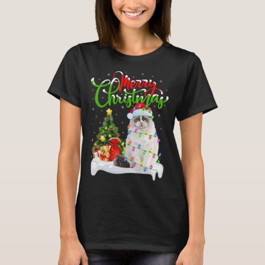 ラグドールおもしろい猫好きクリスマス照明ラグドール猫 Tシャツ (正面)