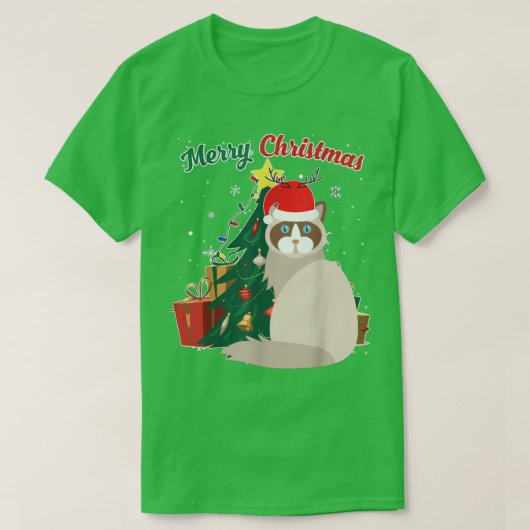 ラグドールキャットクリスマスツリー雪フレーククリスマスプレゼン Tシャツ (デザイン正面)