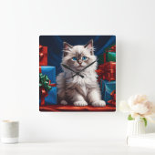 ラグドール子猫クリスマスプレゼント スクエア壁時計 (ホーム)