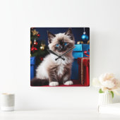 ラグドール子猫クリスマスプレゼント スクエア壁時計 (ホーム)