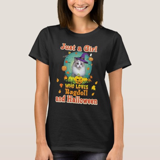 ラグドール猫とハロウィーンWiを愛する女の子 Tシャツ (正面)