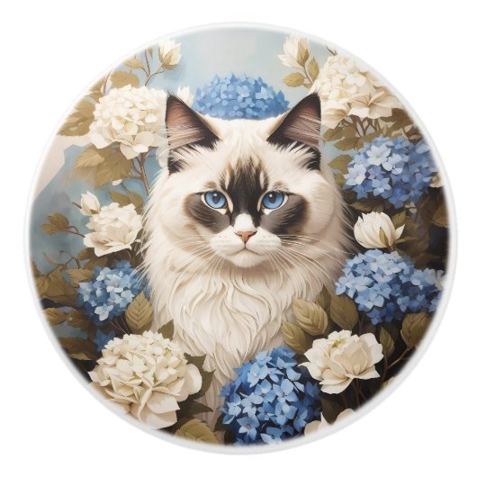 ラグドール猫と青いアジサイの花 セラミックノブ (正面)