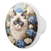 ラグドール猫と青いアジサイの花 セラミックノブ (右)