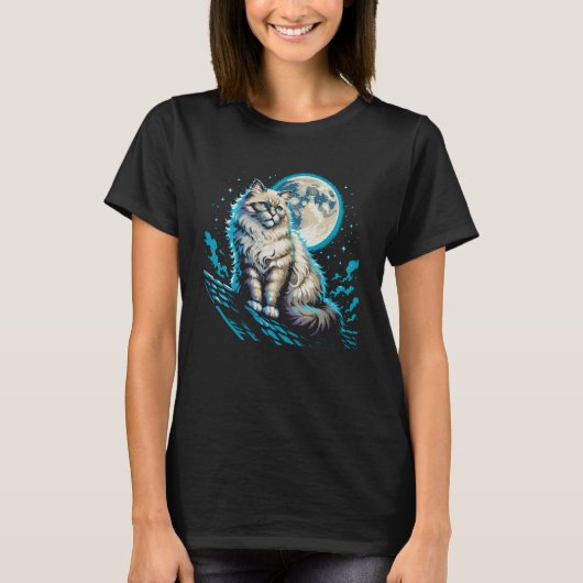 ラグドール猫 月明かりの屋根裏 夜のフェリネスピリット Tシャツ (正面)