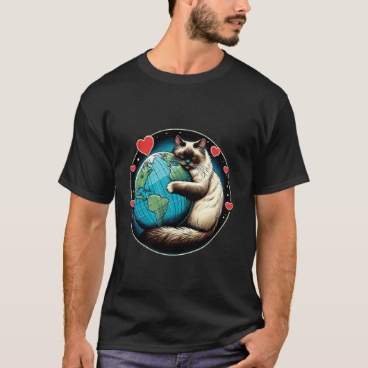ラグドール+猫+アースデー+ハグ+愛+飼い主+地球+愛好家 Tシャツ (正面)