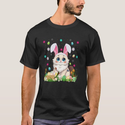 ラグドール+猫+イースター+イースターエッグ+狩り+ウサギ+耳+ラグドール+幸せ Tシャツ (正面)