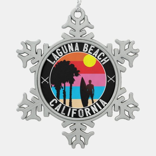 ラグナのビーチカリフォルニアサーフィンの波 スノーフレークピューターオーナメント (正面)