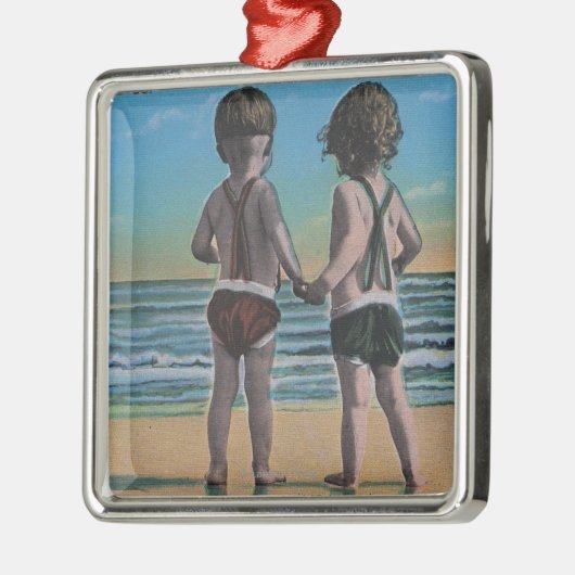 ラグナのビーチ、FL -子供との場面からの挨拶 メタルオーナメント (左)