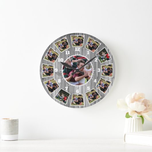 ラグビーの木の効果が自分の好みの写真のコラージュ ラージ壁時計 (ホーム)