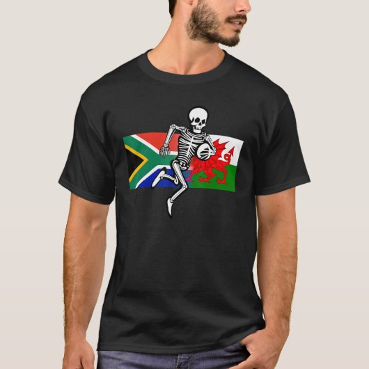 ラグビーサポーターSAとウェールズ国旗と骨 Tシャツ (正面)