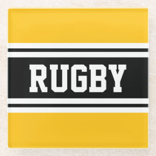 ラグビースポーティ明るいイエローブラックレースストライプ ガラスコースター