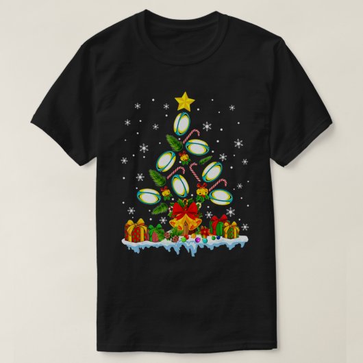 ラグビーラバークリスマスツリーライトサンタハットラグビーX Tシャツ (デザイン正面)