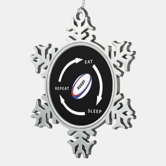 ラグビー食べスリープリピートスポーツファンことわざ スノーフレークピューターオーナメント (右)