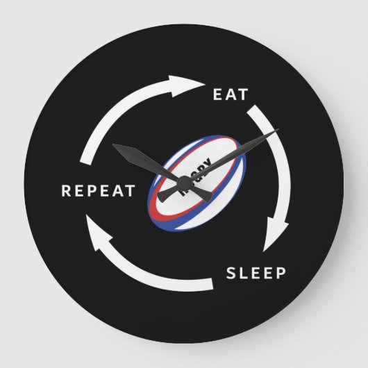 ラグビー食べスリープリピートスポーツファンことわざ ラージ壁時計 (正面)