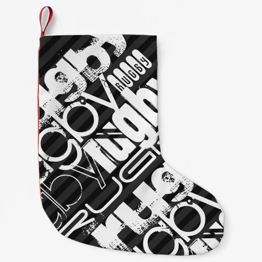 ラグビー、ブラック&ダークグレーストライプ スモールクリスマスストッキング (正面)