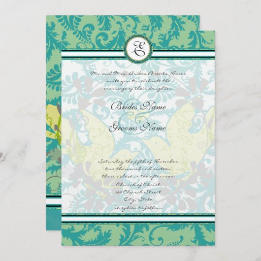 ラグーンエンダイブヴィンテージバードダマスクグレイ結婚ズ 招待状 (正面/裏面)