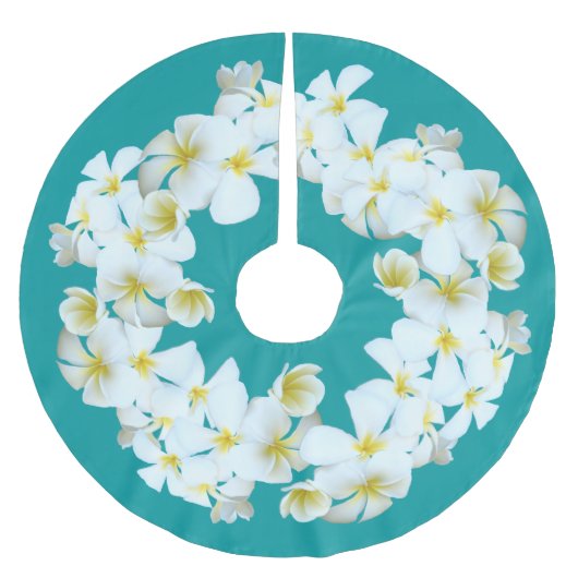 ラグーンブルー熱帯プルメリアクリスマスツリースカート ブラッシュドポリエステルツリースカート (正面)