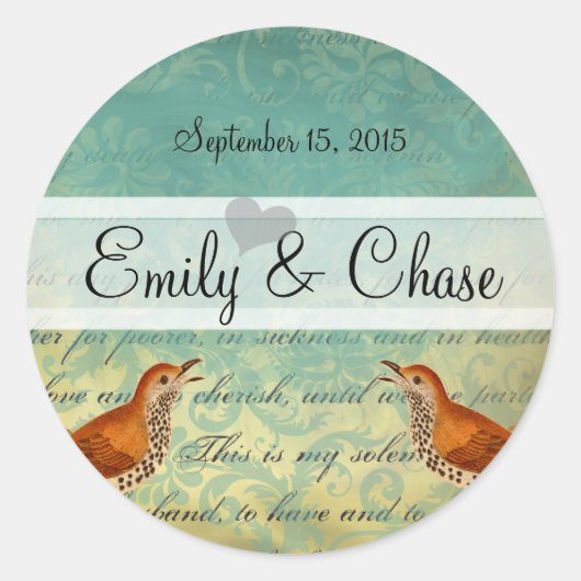 ラグーン&エンダイビングヴィンテージラブバード結婚ズステッカー ラウンドシール (正面)