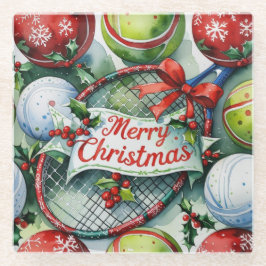 ラケットとサンタ帽子でクリスマスをテーマにしたテニス ガラスコースター