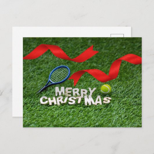ラケットとボールがグリーンに点灯するテニスクリスマス ポストカード (正面/裏面)