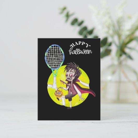 ラケットとボールを備えたテニスプレーヤーのためのハロウィーン シーズンポストカード (スタンド正面)