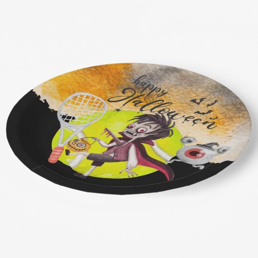 ラケットとボールを備えたテニスプレーヤーのためのハロウィーン ペーパープレート (アングル)