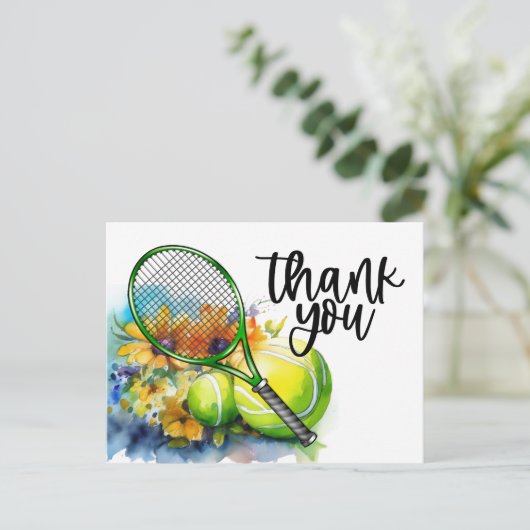 ラケットとボールウォーターの色をテーマにしたテニス ポストカード (スタンド正面)