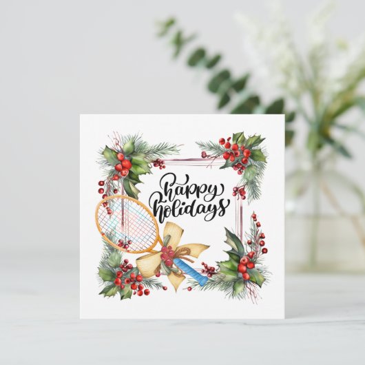 ラケットの水彩付きテニスクリスマス シーズンカード (スタンド正面)