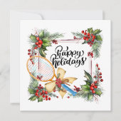 ラケットの水彩付きテニスクリスマス シーズンカード (正面)