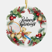 ラケットの水彩付きテニスクリスマス セラミックオーナメント (正面)