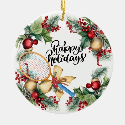 ラケットの水彩付きテニスクリスマス セラミックオーナメント (正面)