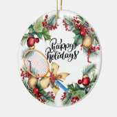 ラケットの水彩付きテニスクリスマス セラミックオーナメント (左)