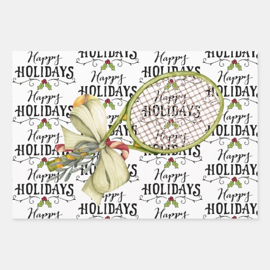 ラケットの水彩付きテニスクリスマス ラッピングペーパーシート (正面)