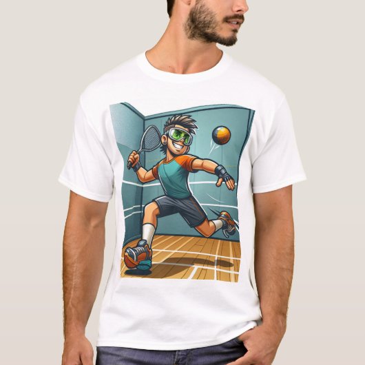 ラケットボールをする精力的な男性 Tシャツ (正面)