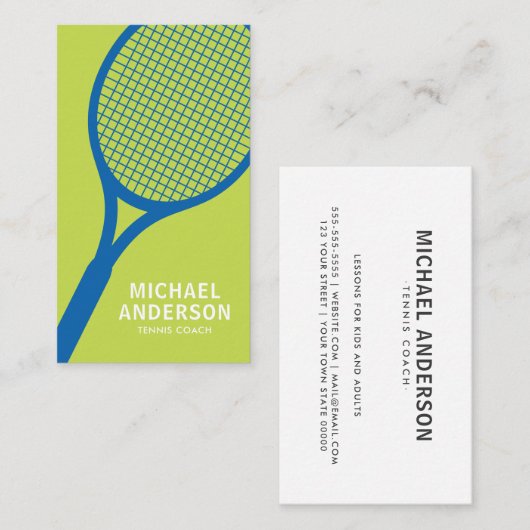 ラケット付きテニスコーチの名刺青緑 名刺 (正面/裏面)