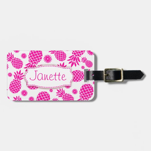 ラゲッジタグという名前の鮮やかなピンクのパイナップルと花 ラゲッジタグ (正面横)